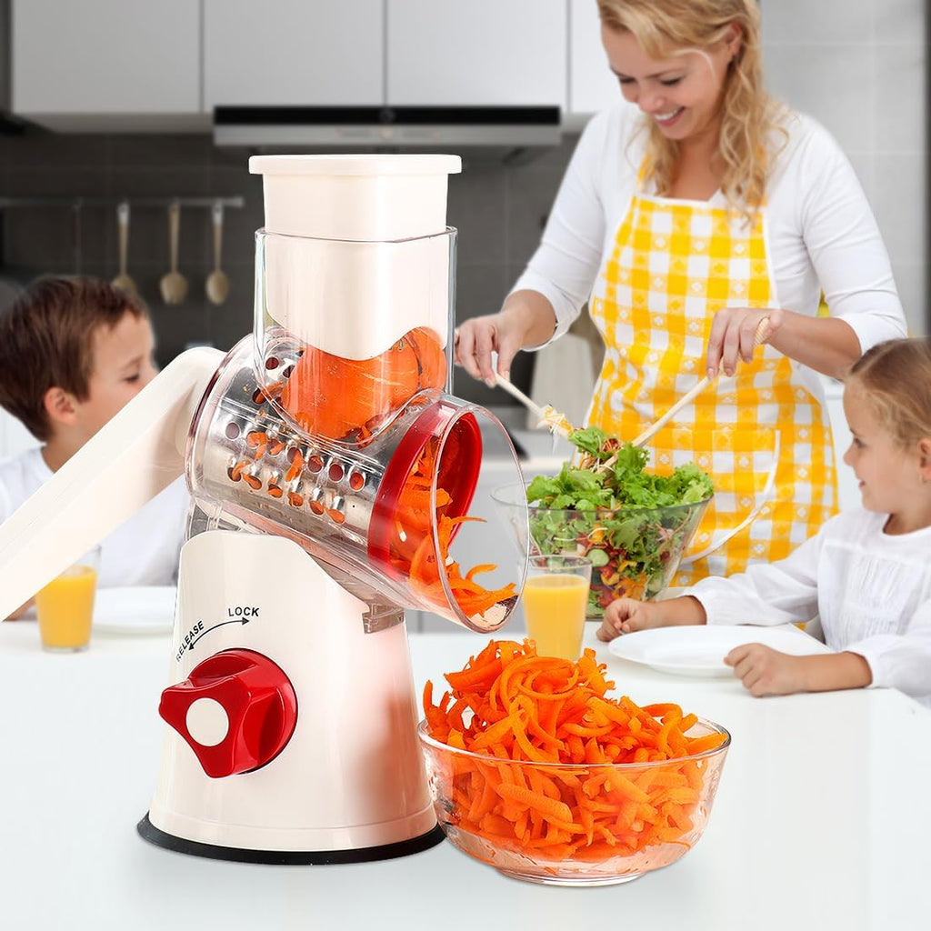 Rotary Cheese Grater Hand Crank, Kitchen Shredder Speed Mandolin Slicer Nuts Grinder with Handle and Drum Blades for Cheese, Vegetable, Chocolate, Potato, Carrot, 3 Blades, White Red