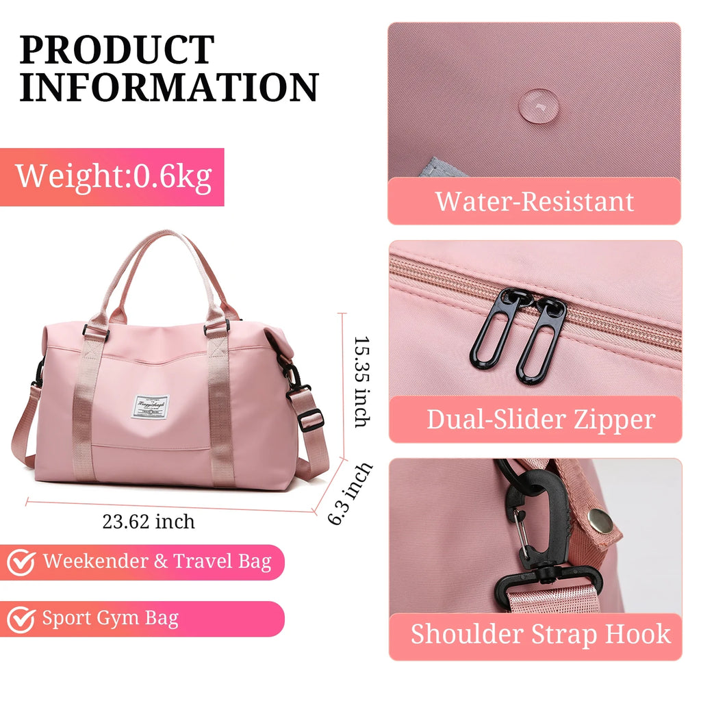 Travel Duffle Bag for Women Men - Foldable Weekend Bag with Wet Pocket, Gym Bag for Sport, Airplane Travel Essentials for Flying(Pink)