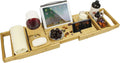 Bamboo Bathtub Caddy Tray, Expandable Bath Table over Tub for 1-2 Person, Luxury Bath & Bed Tray with Wineglass Book & Free Soap Holder (Natural)