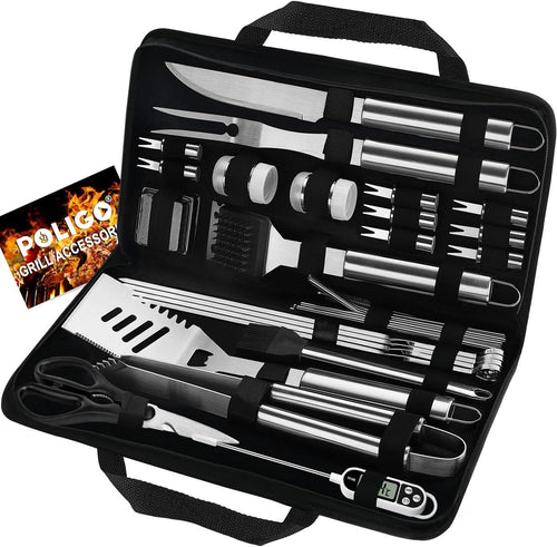 29 PCS BBQ Grill Accessories Stainless Steel BBQ Tools Grilling Tools Set with Storage Bag for Fathers Day Dads Birthday Presents - Camping Grill Utensils Set Ideal Grilling Gift for Men Silver