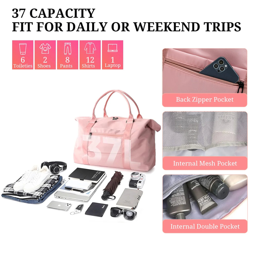 Travel Duffle Bag for Women Men - Foldable Weekend Bag with Wet Pocket, Gym Bag for Sport, Airplane Travel Essentials for Flying(Pink)