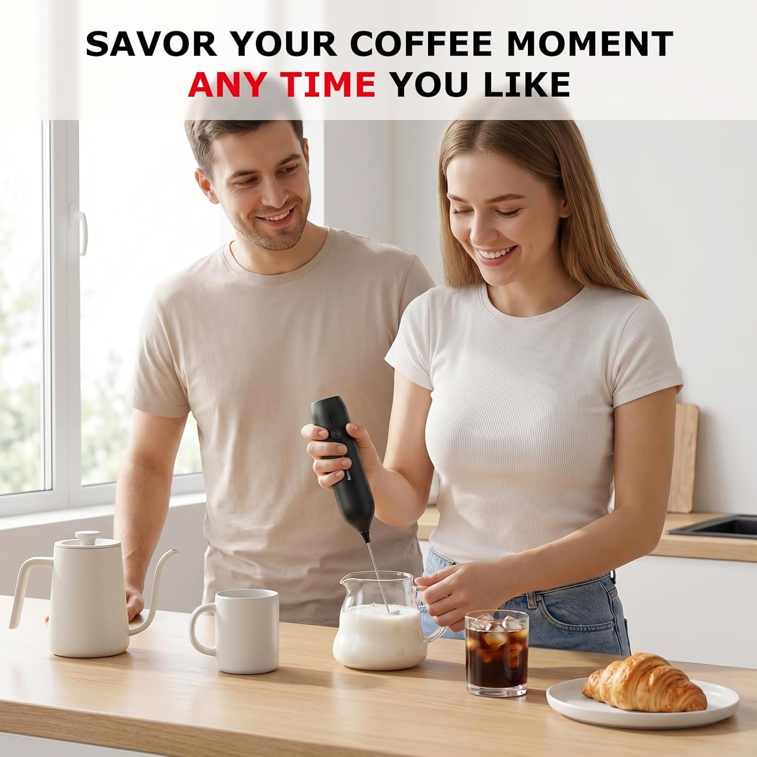 Rechargeable Milk Frother Handheld, Electric Drink Mixer with Stainless Steel Whisk, Charging USB-C, Portable Foam Maker for Coffee Matcha Lattes Cappuccino, Kitchen Gifts