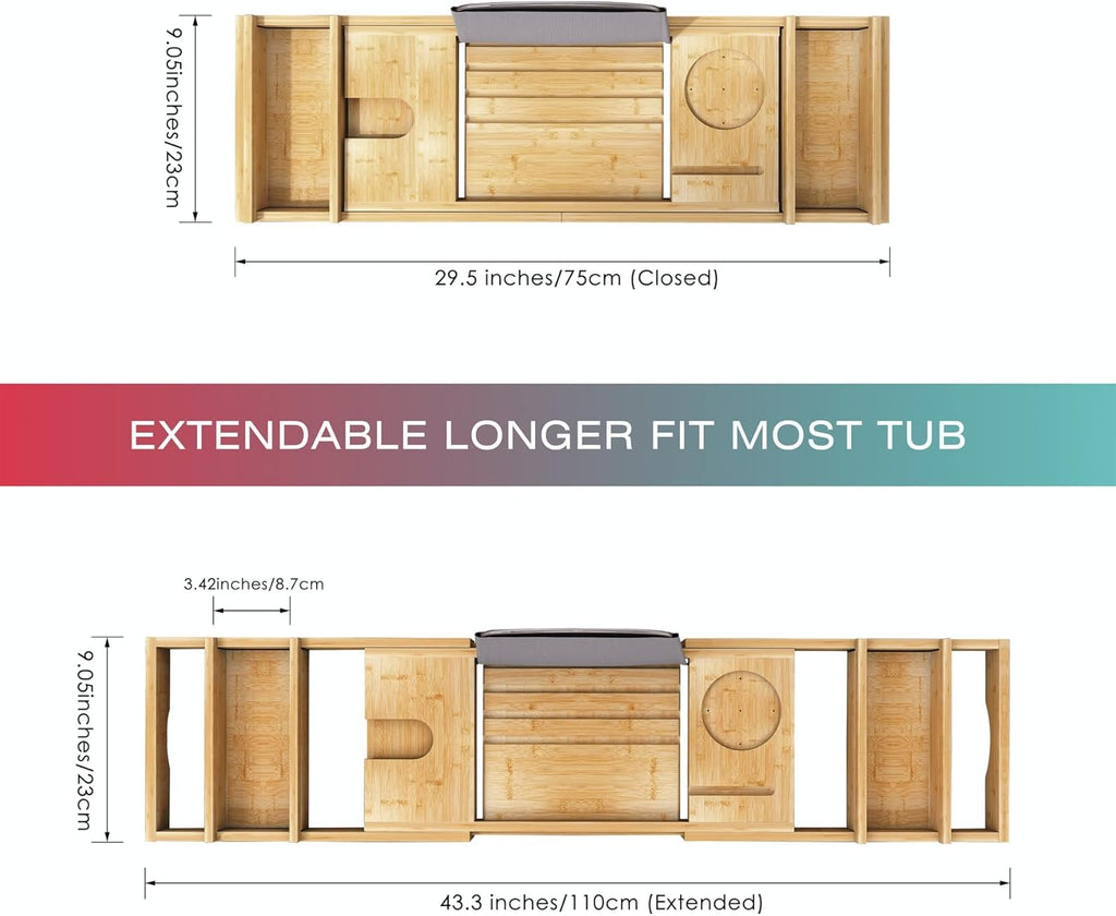 Bamboo Bathtub Caddy Tray, Expandable Bath Table over Tub for 1-2 Person, Luxury Bath & Bed Tray with Wineglass Book & Free Soap Holder (Natural)