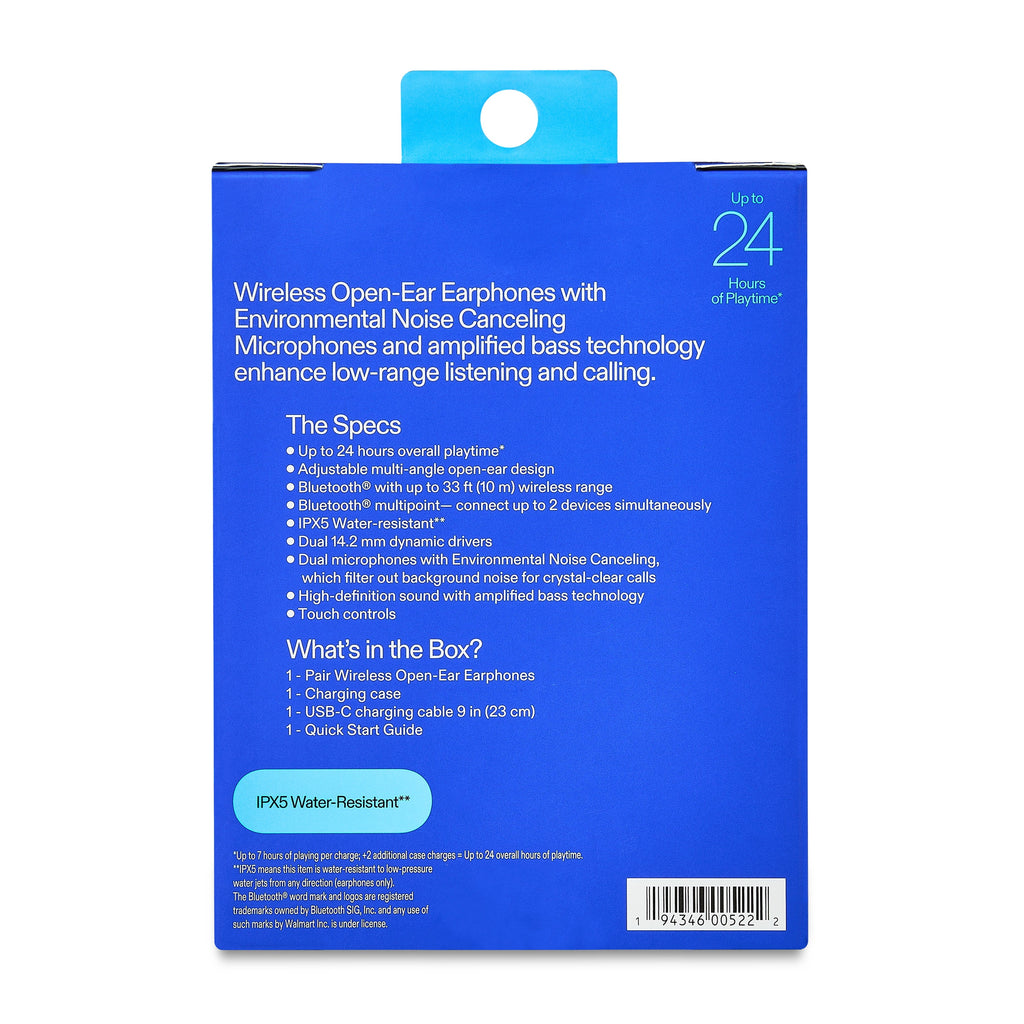 Wireless Open-Ear Earphones with Environmental Noise Canceling Microphones, Blue