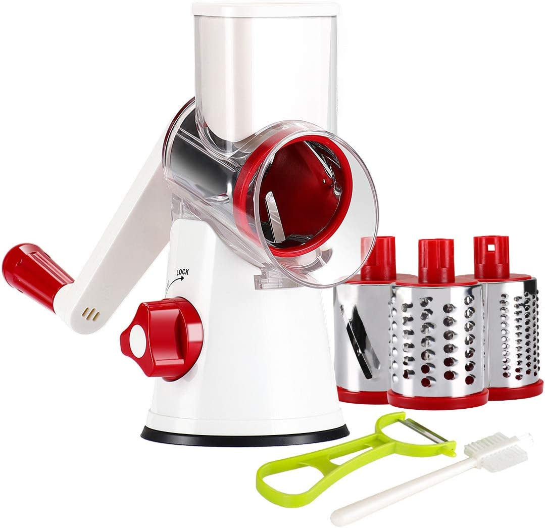Rotary Cheese Grater Hand Crank, Kitchen Shredder Speed Mandolin Slicer Nuts Grinder with Handle and Drum Blades for Cheese, Vegetable, Chocolate, Potato, Carrot, 3 Blades, White Red